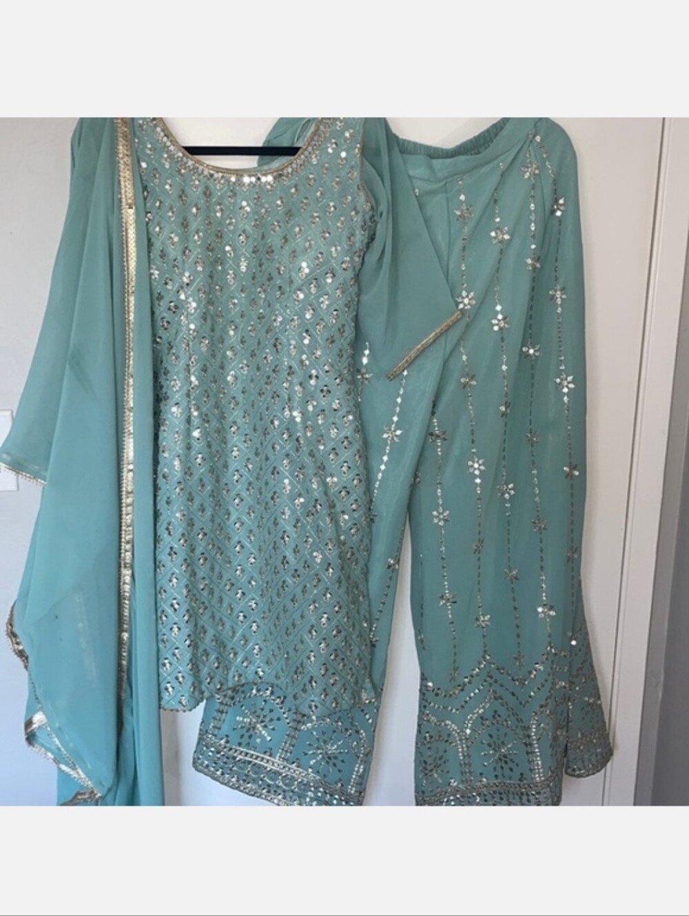 Mint Green And Silver Sequin Salwar Kameez Sharara